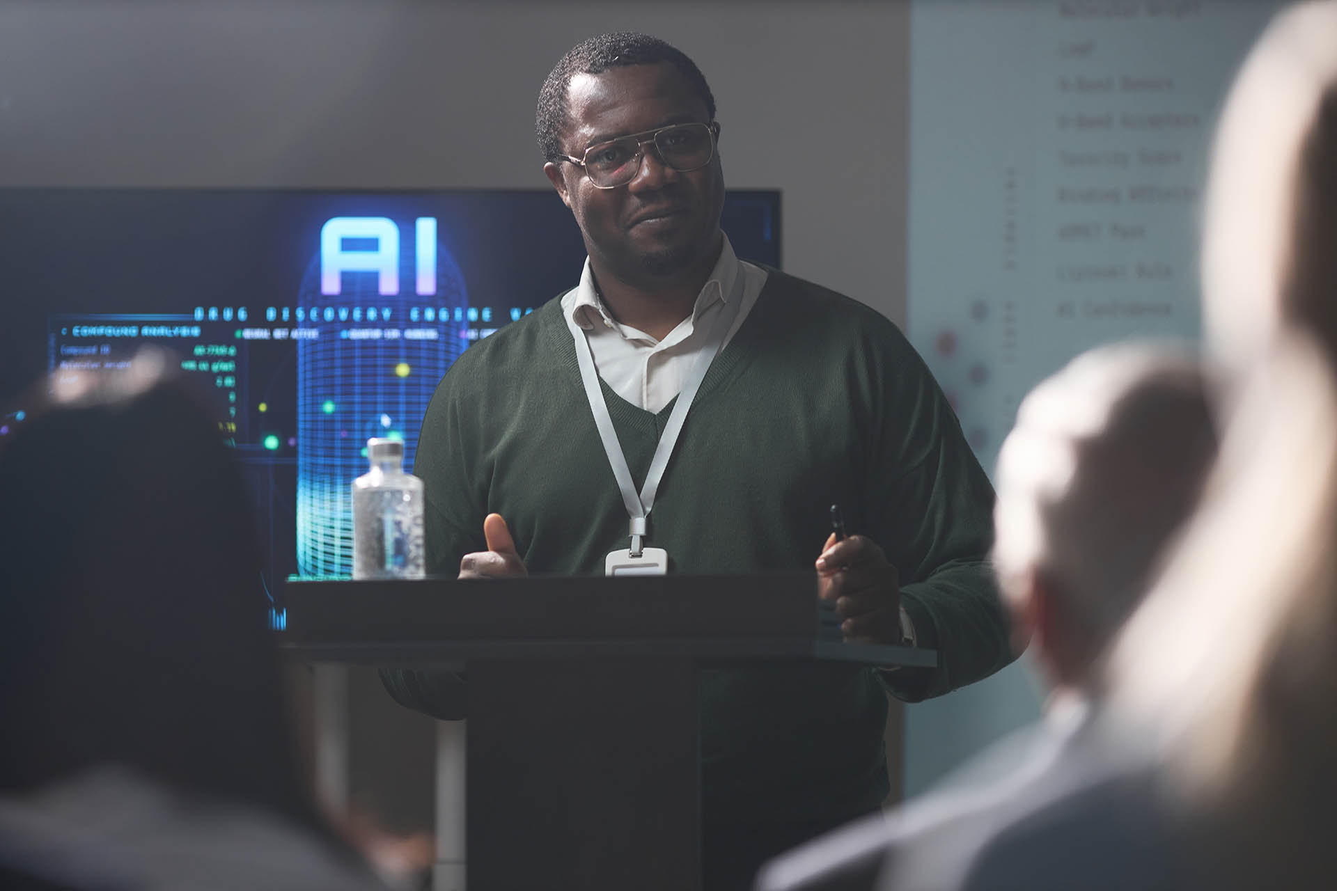 Black Middle Aged Man Presenting Ai Strategy at Business Seminar