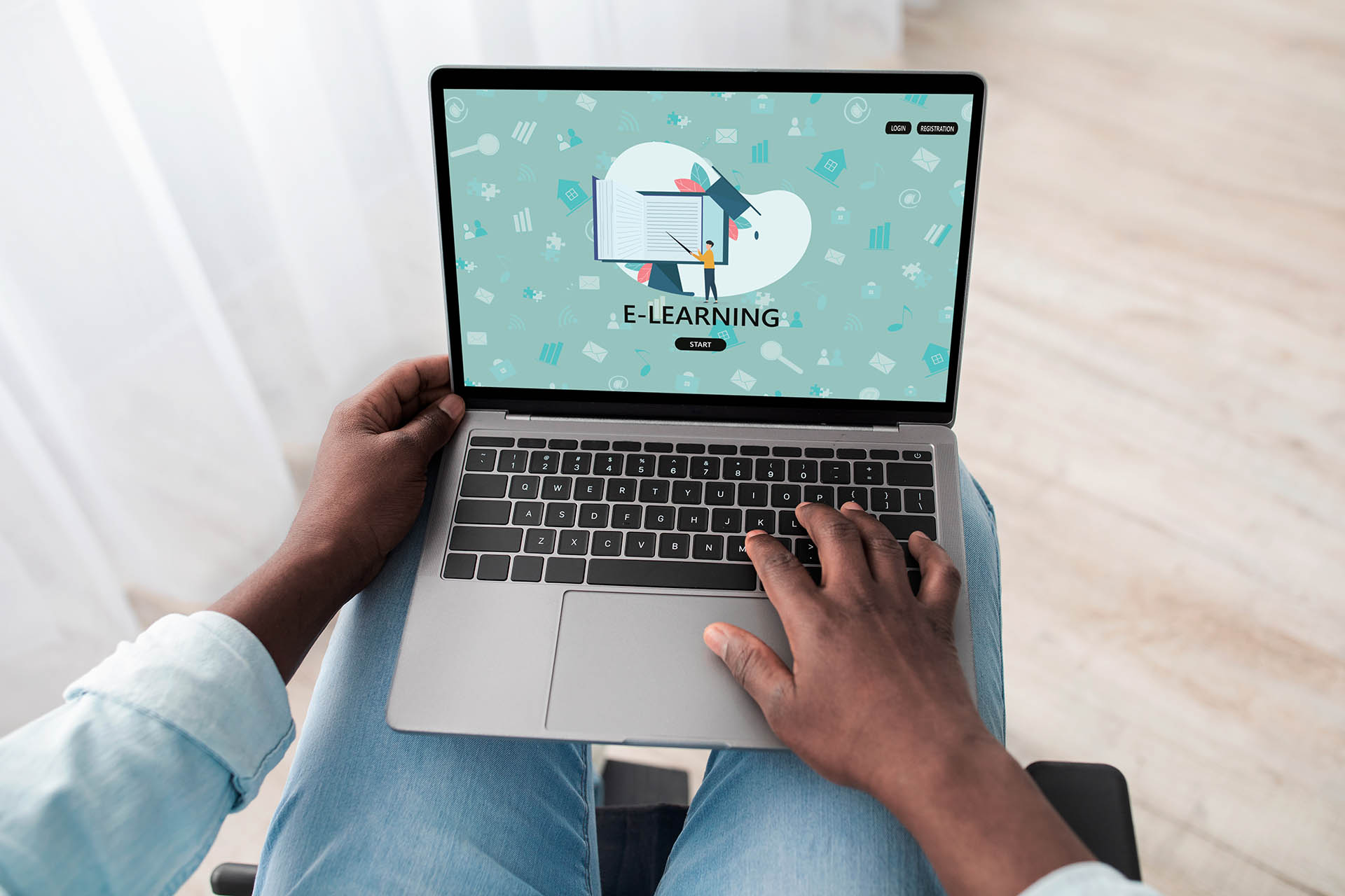 Black Man Study With Laptop At Home, Signing Up For Virtual Classroom